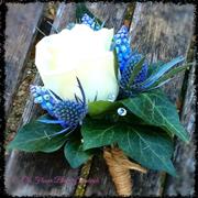 White Rose muscari and blue thistle 